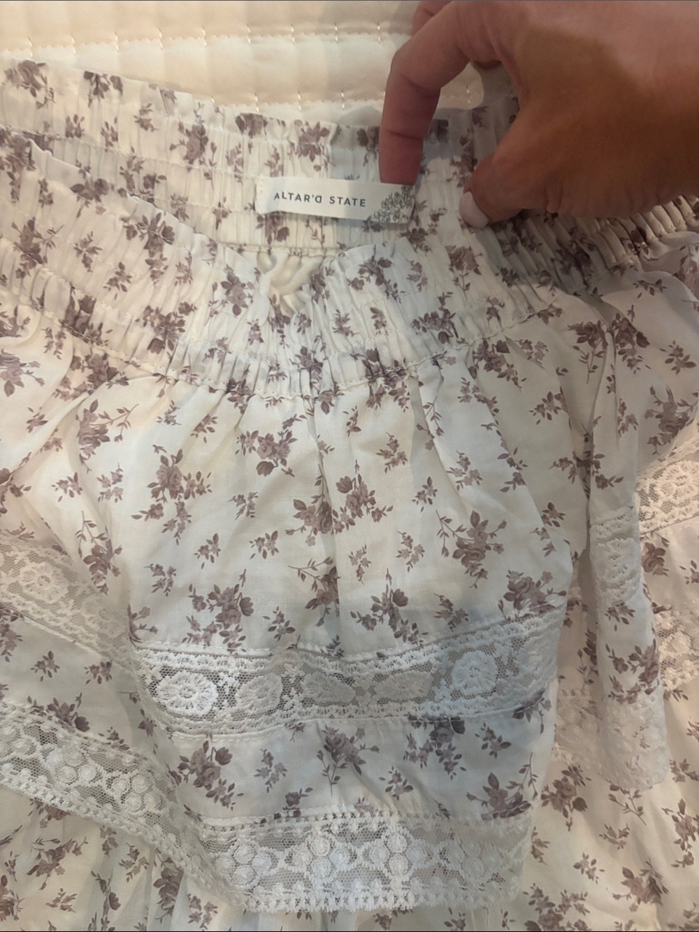 Altar'd State Cream Skirt with Mauve Floral Lace Detailing with built in shorts